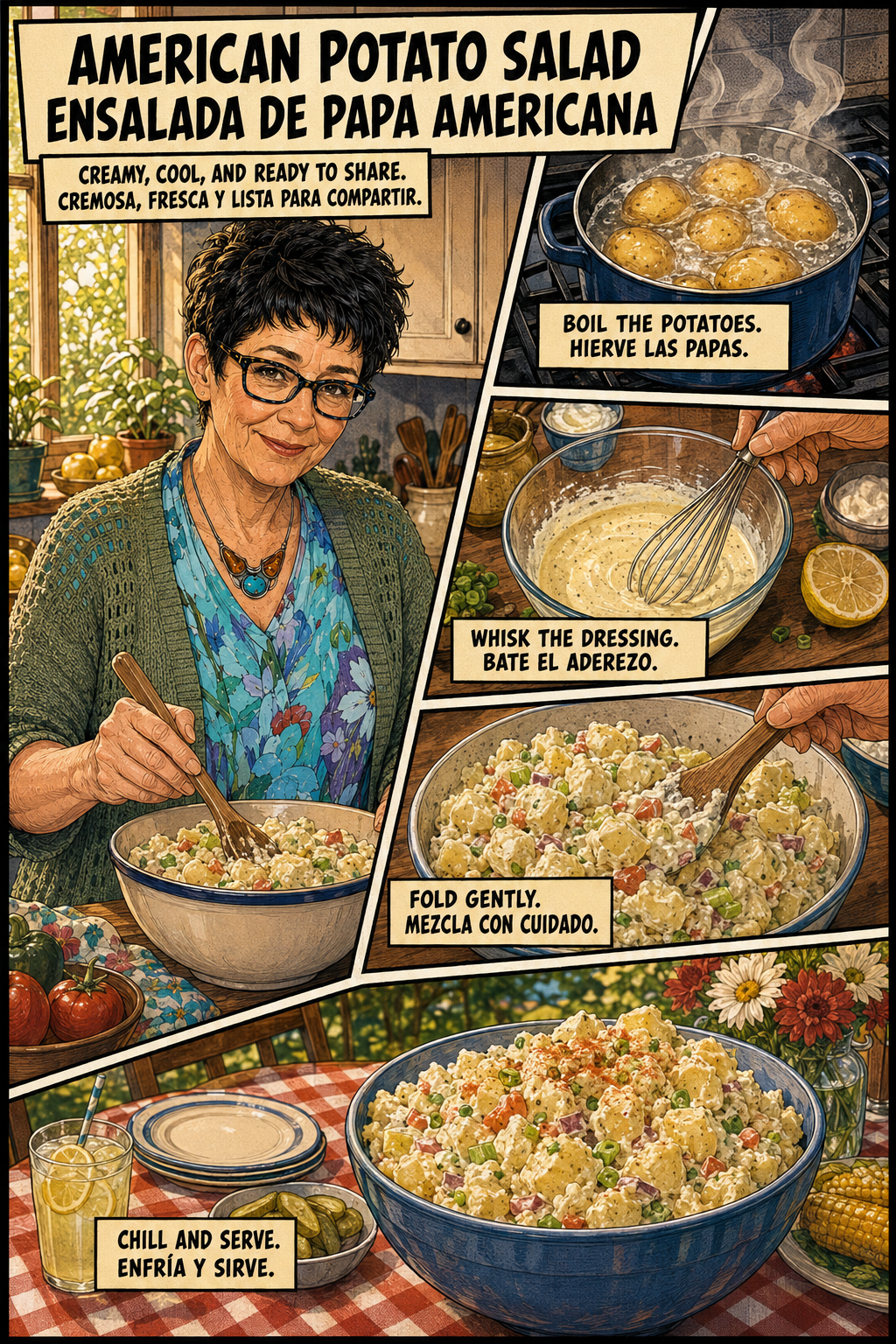 Bilingual comic of Evelyn making American potato salad