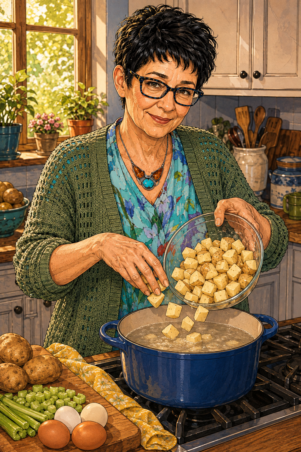 Evelyn preparing American potato salad