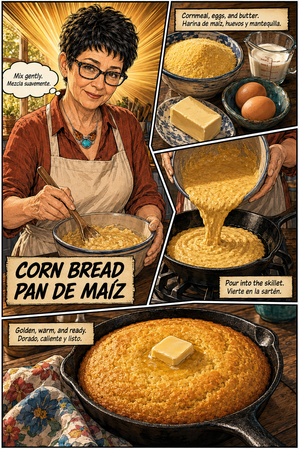 Bilingual comic of Evelyn making corn bread