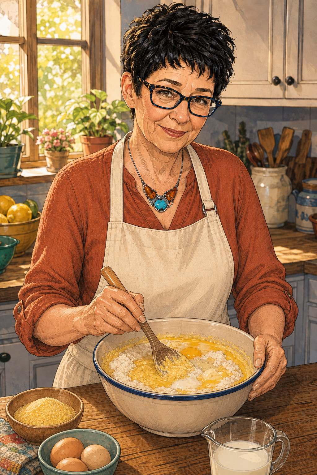 Evelyn preparing corn bread