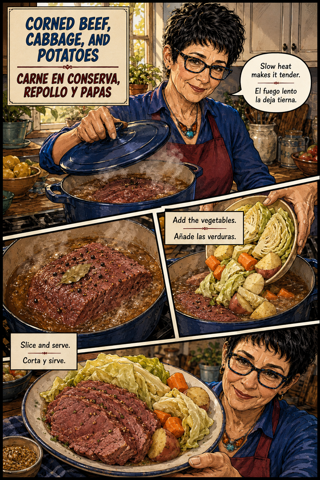 Bilingual comic of Evelyn making corned beef with cabbage and potatoes