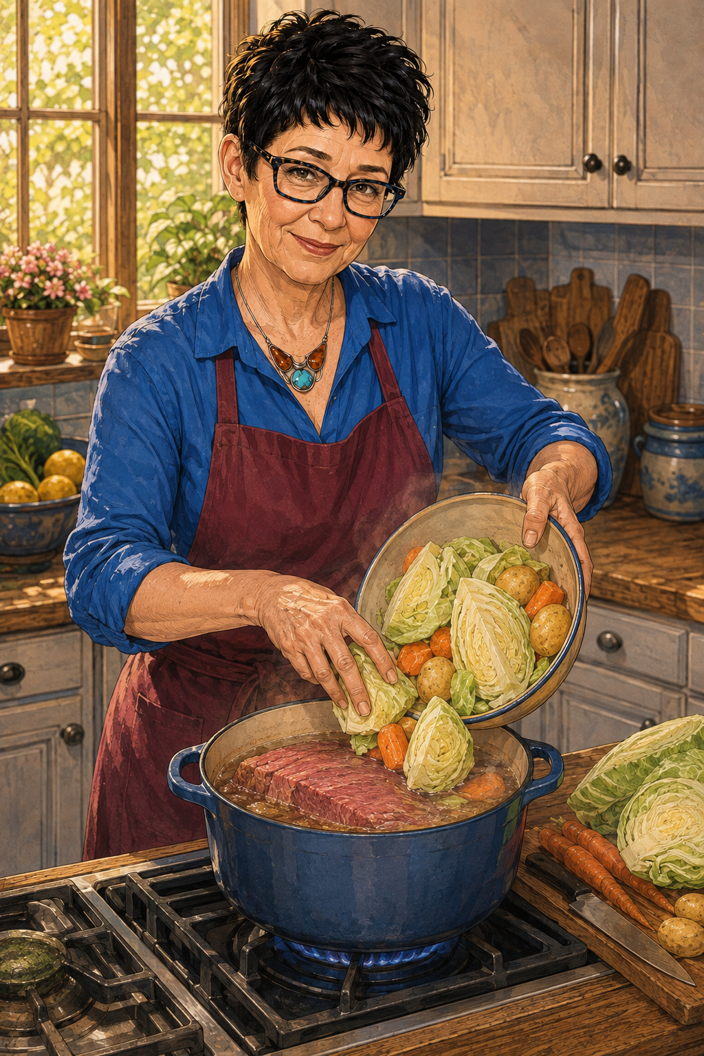 Evelyn preparing corned beef, cabbage, and potatoes