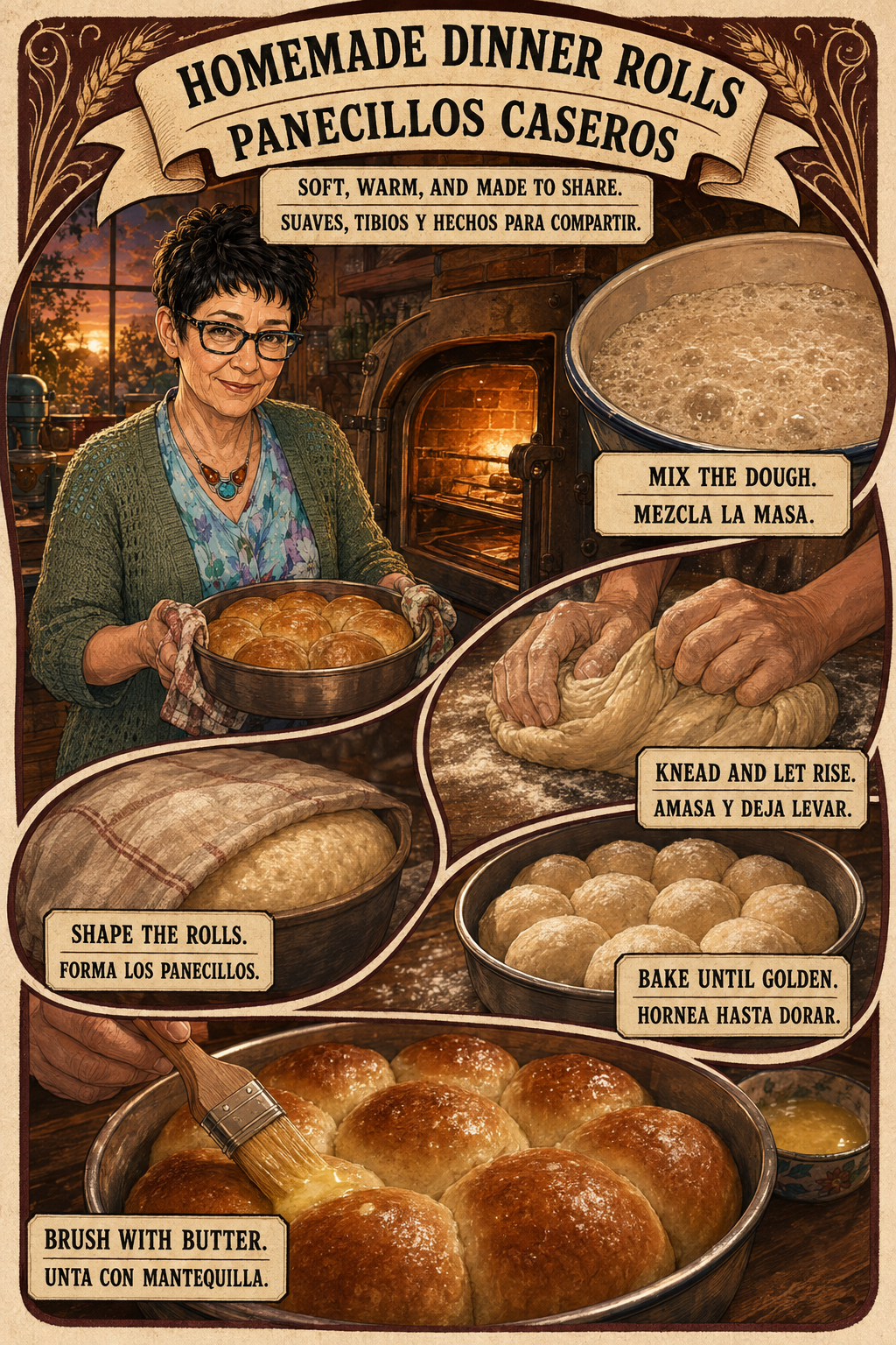 Bilingual comic of Evelyn making homemade dinner rolls