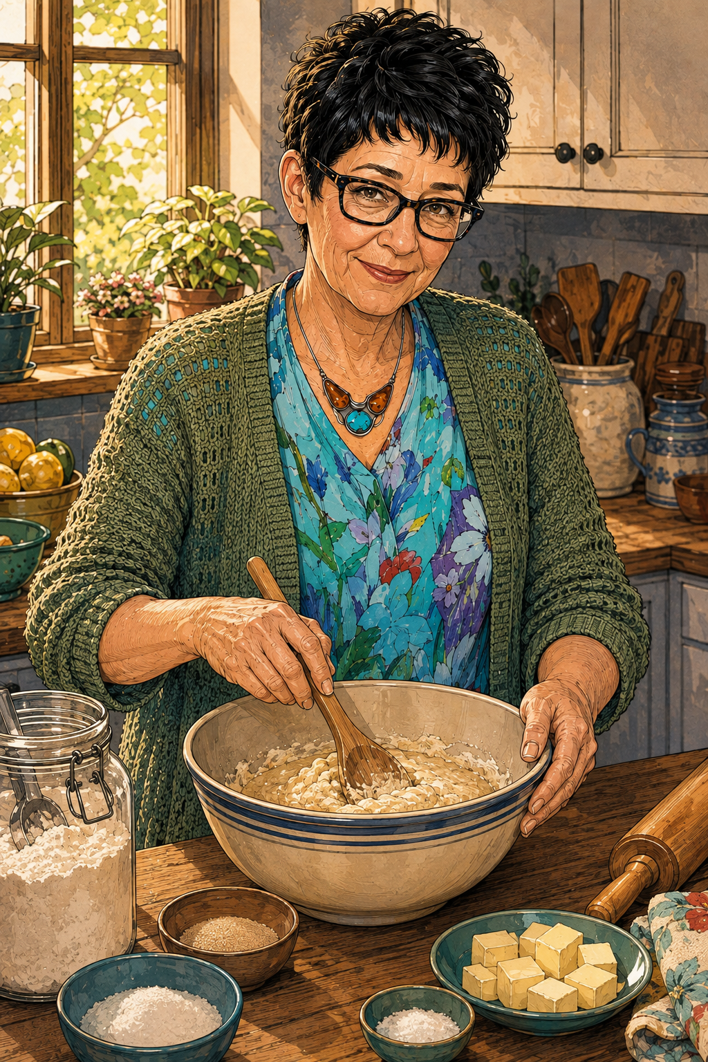 Evelyn making homemade dinner rolls