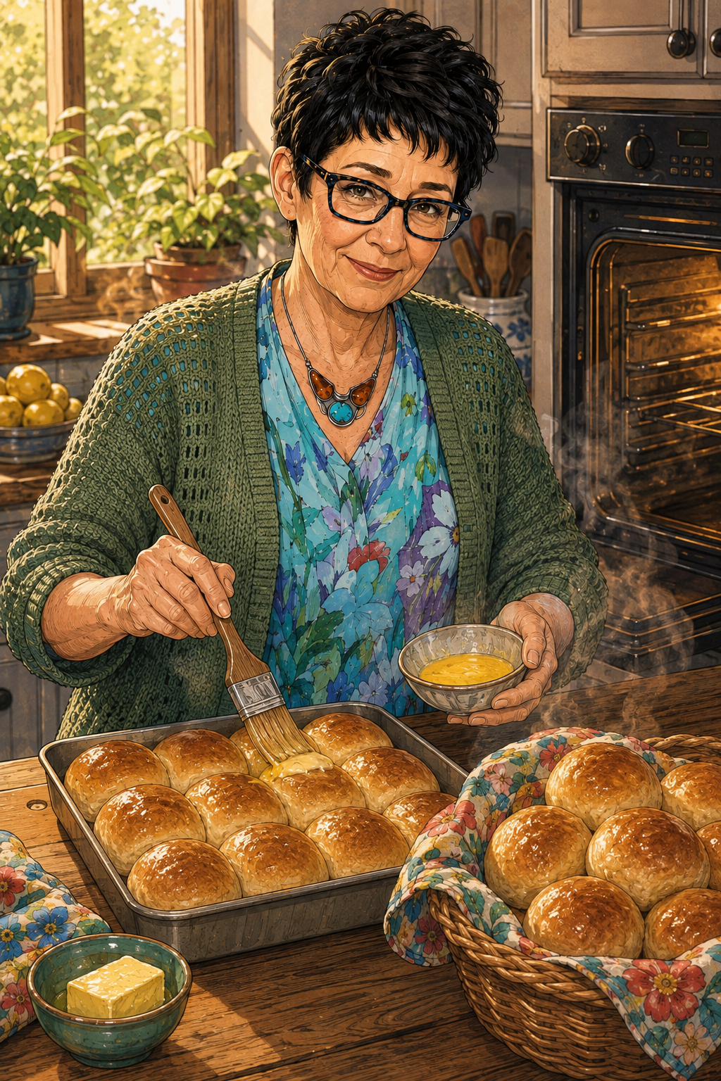 Evelyn serving homemade dinner rolls