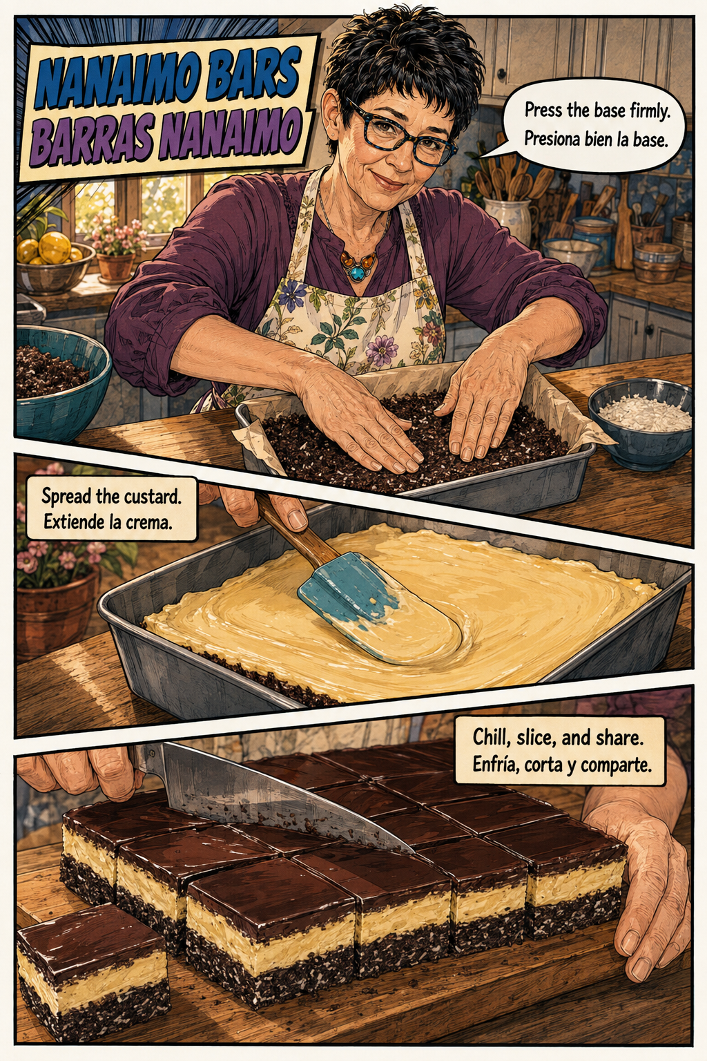 Bilingual comic of Evelyn making Nanaimo bars