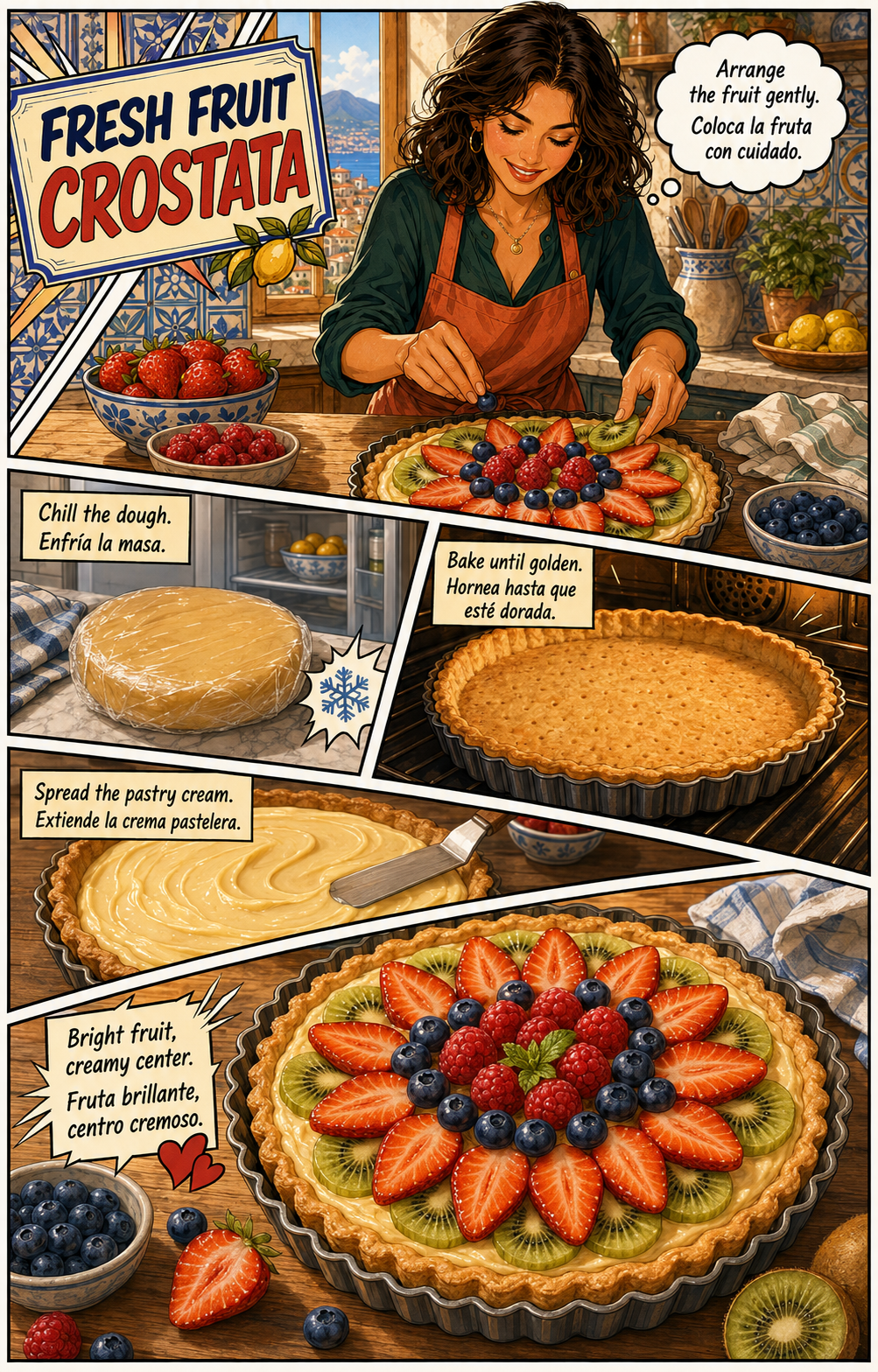 Bilingual comic of Giulia making fresh fruit crostata