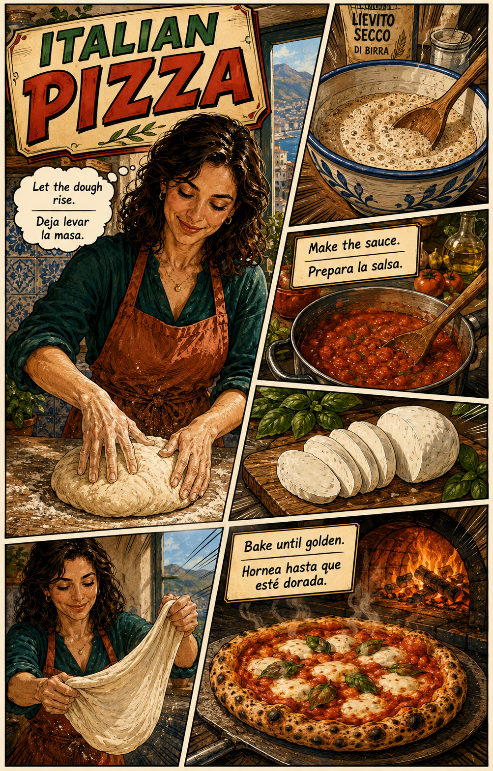 Bilingual comic of Giulia making Italian pizza