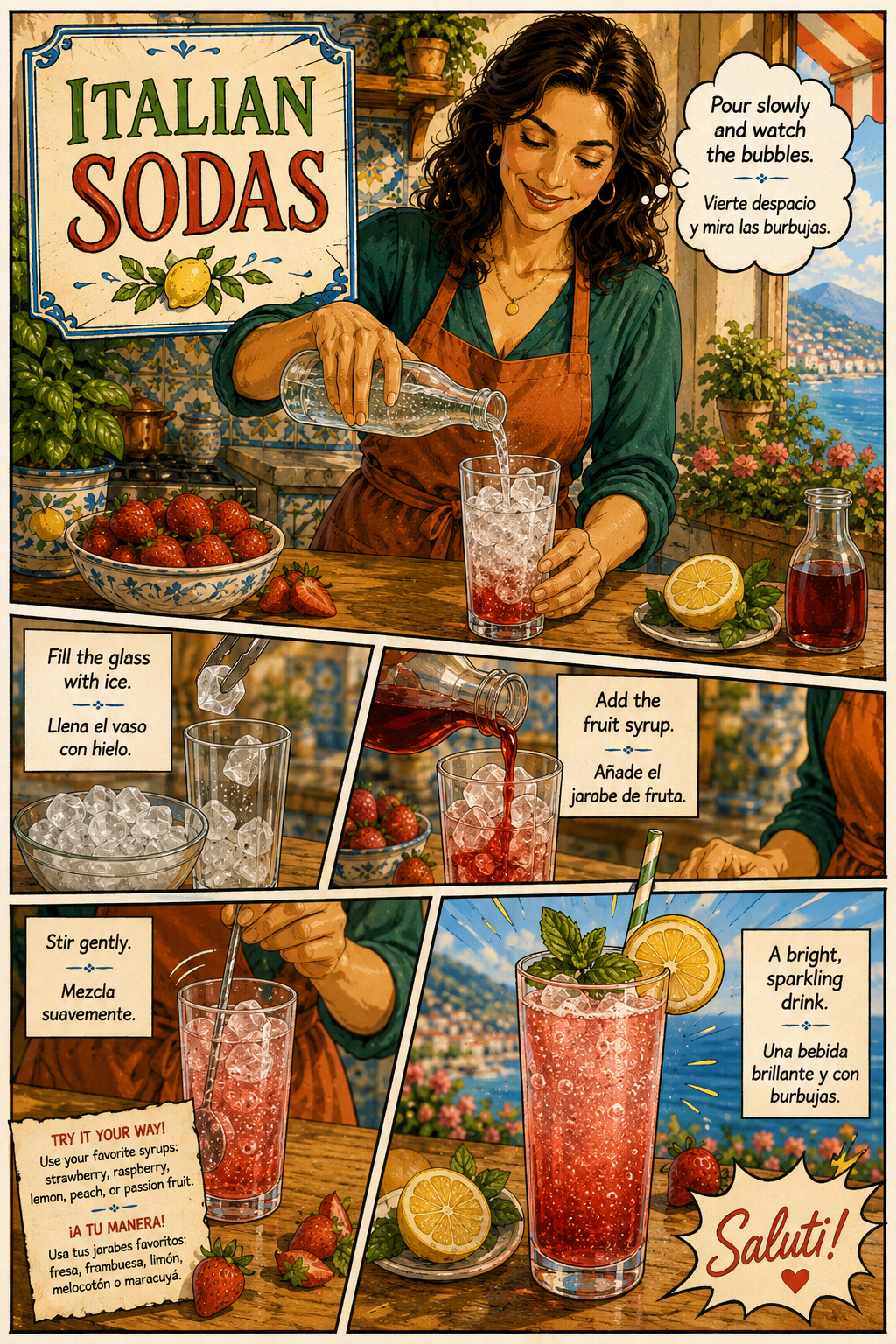 Bilingual comic of Giulia making Italian sodas