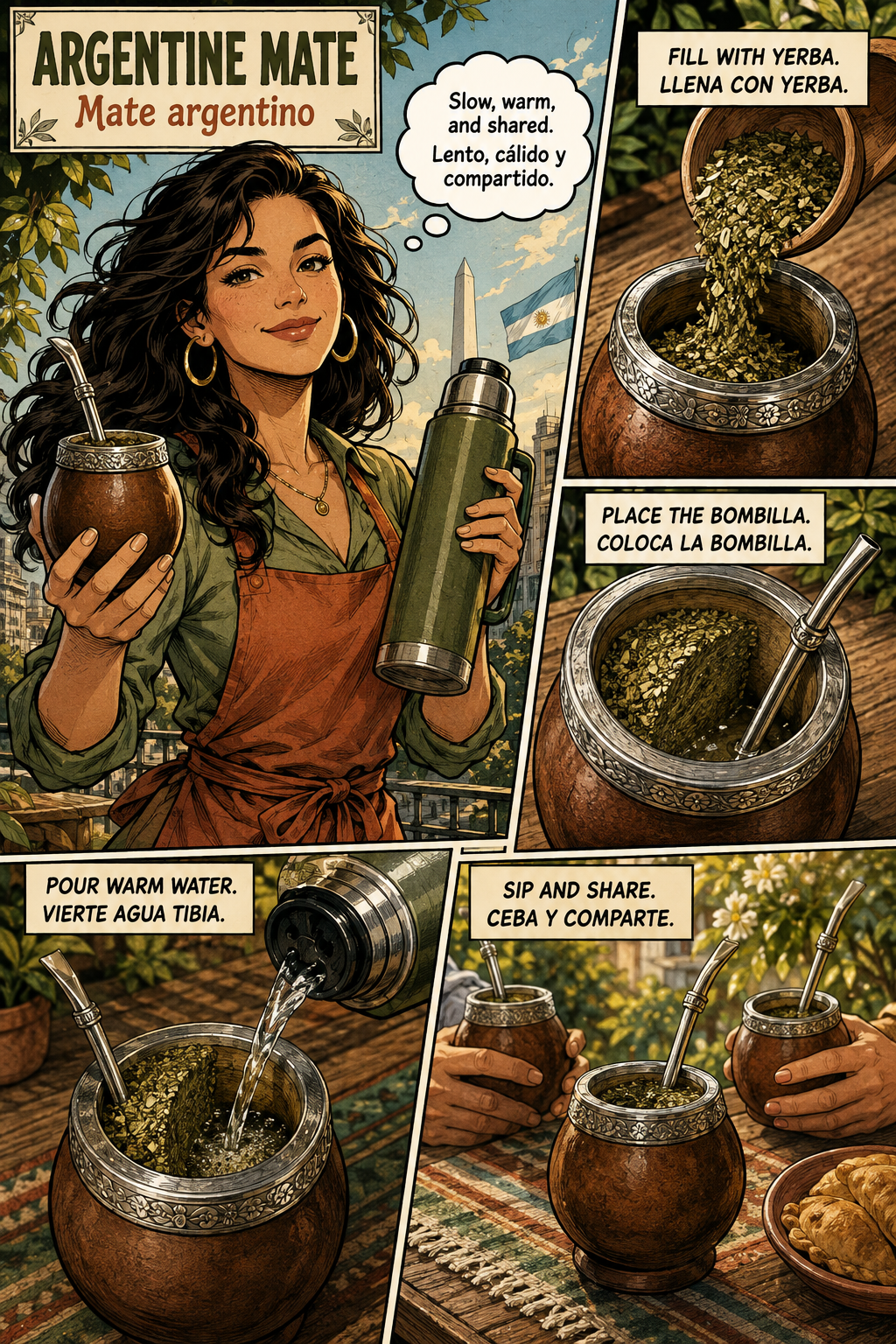 Bilingual comic of Lucía preparing Argentine mate