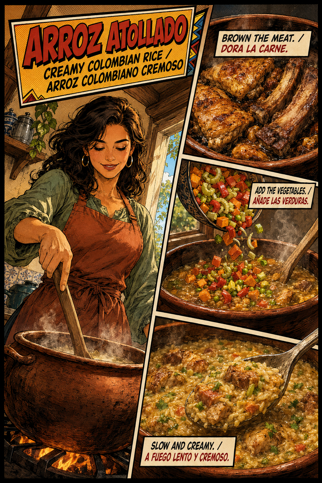 Bilingual comic of Lucía making Colombian Arroz Atollado