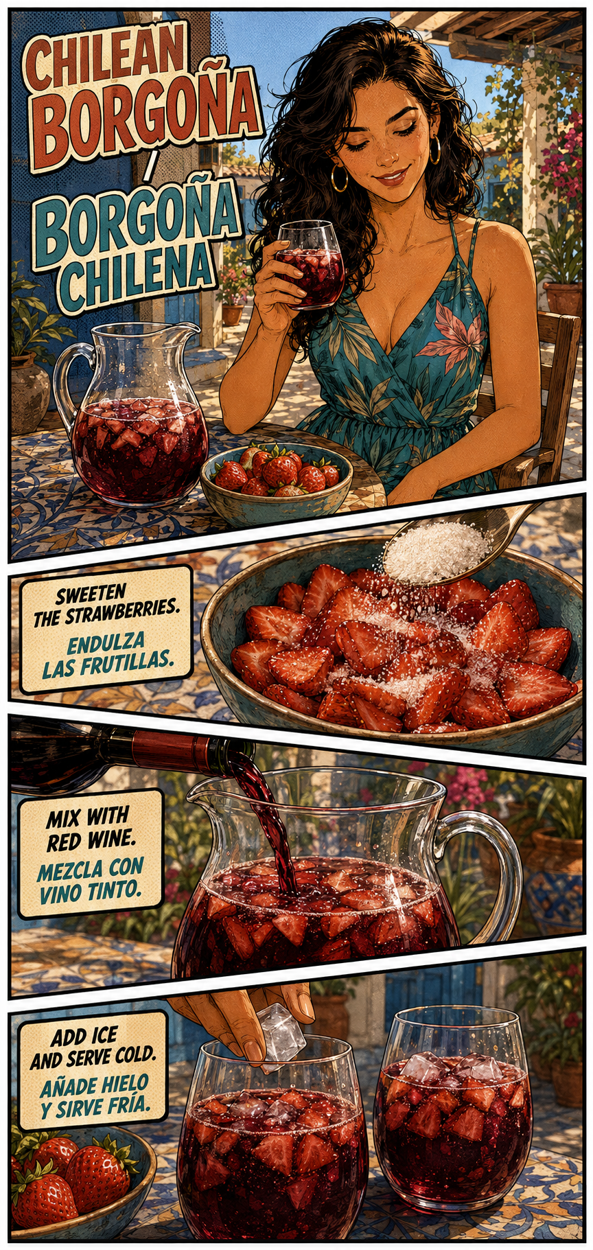 Bilingual comic of Lucía making Chilean Borgoña