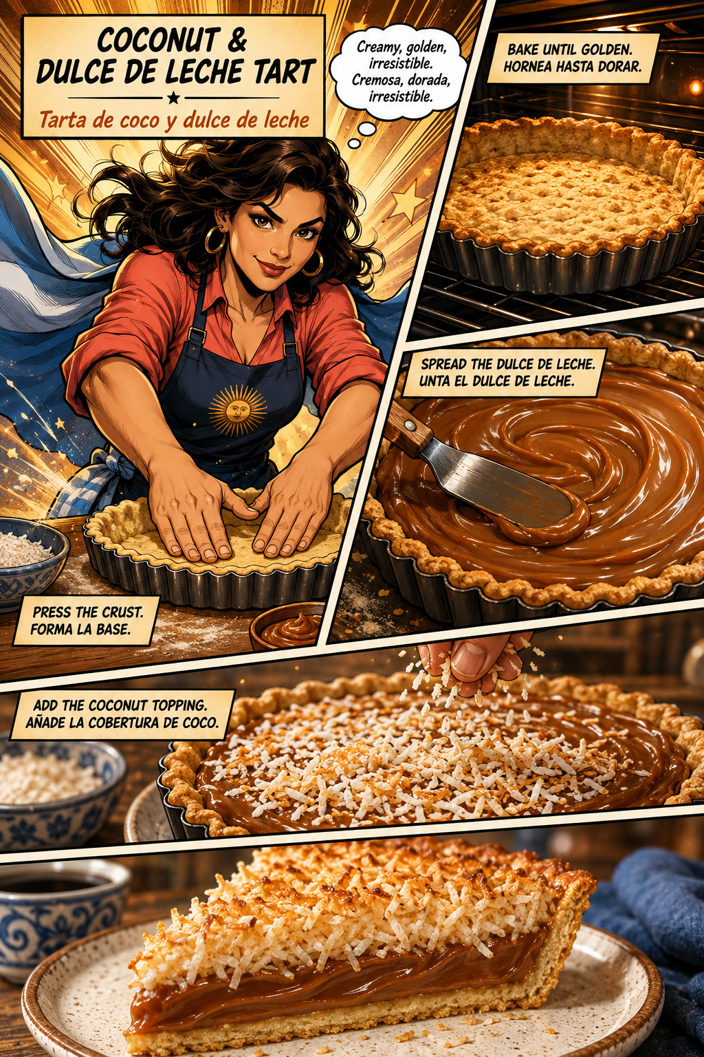 Bilingual comic of Lucía making coconut and dulce de leche tart