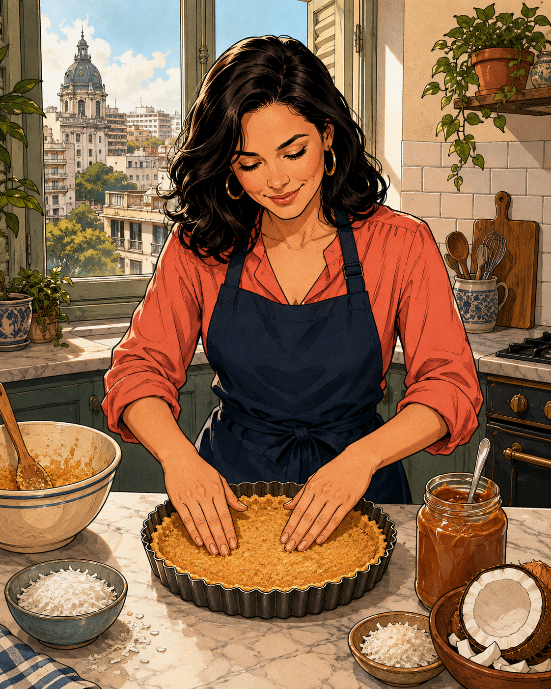 Lucía preparing coconut and dulce de leche tart
