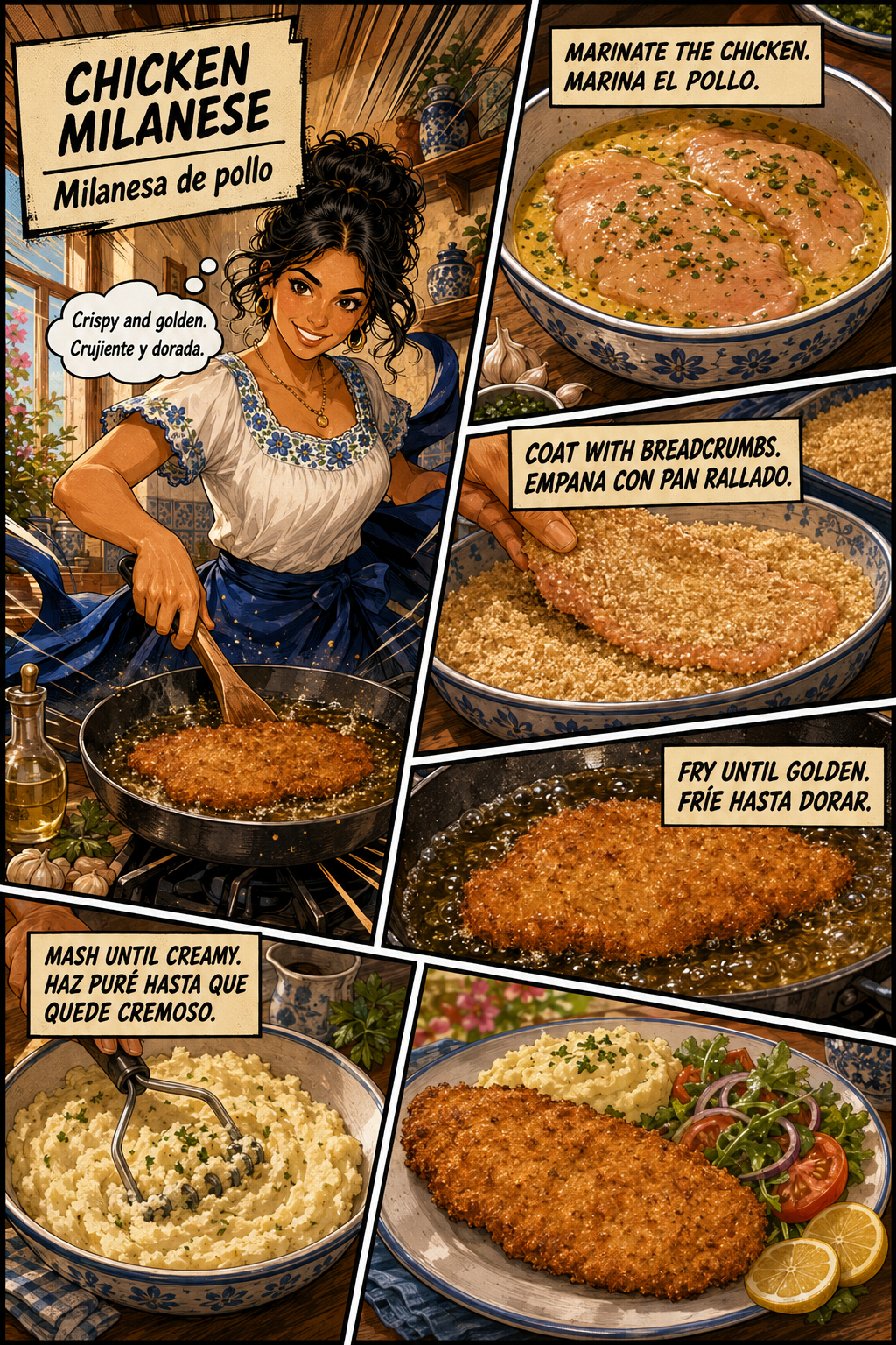 Bilingual comic of Lucía making Argentine chicken Milanese