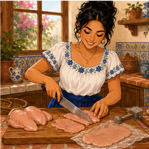 Lucía preparing chicken for Argentine chicken Milanese