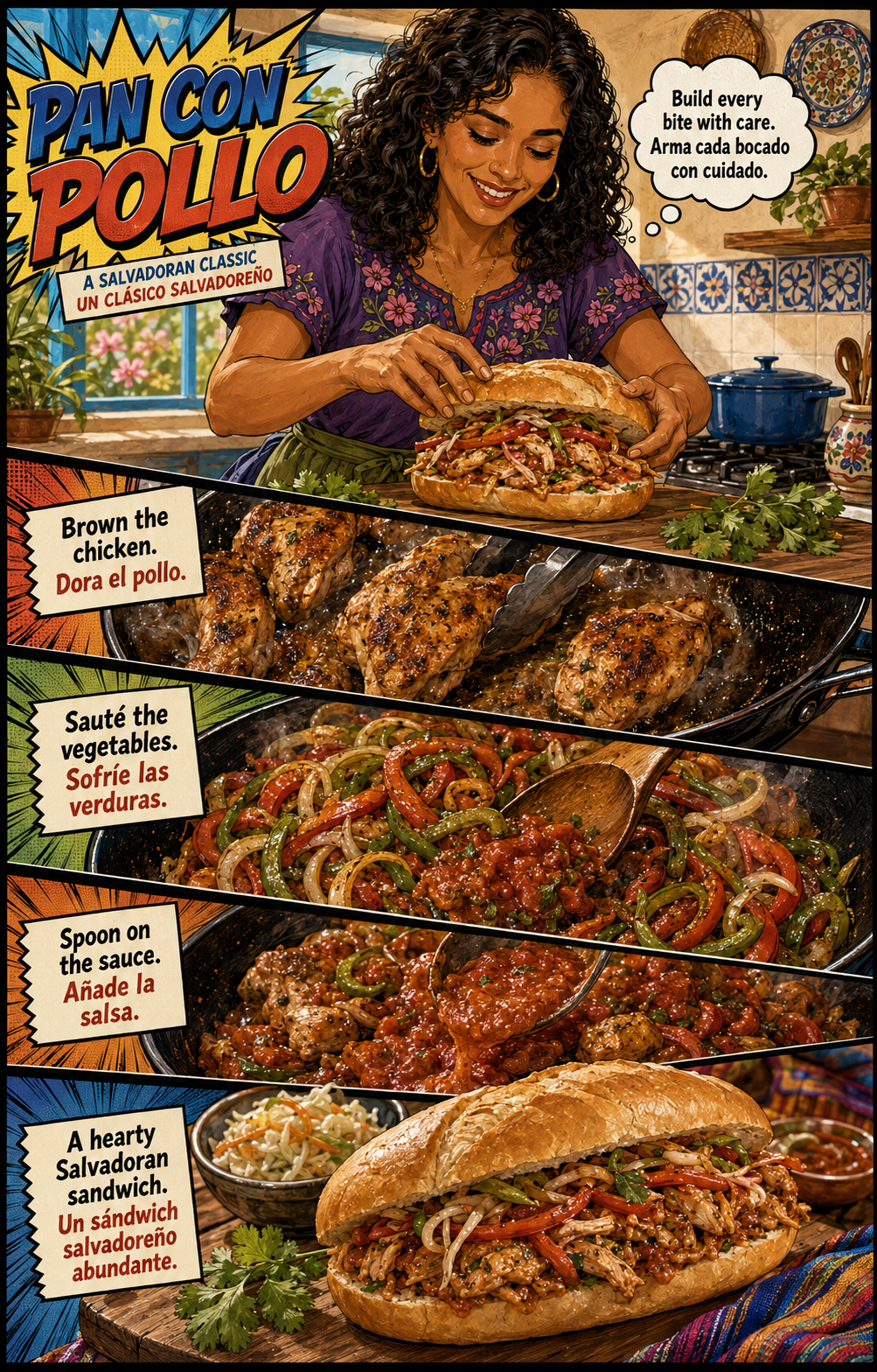 Bilingual comic of Lucía making pan con pollo