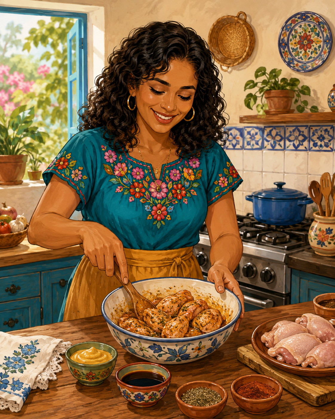 Lucía making pan con pollo
