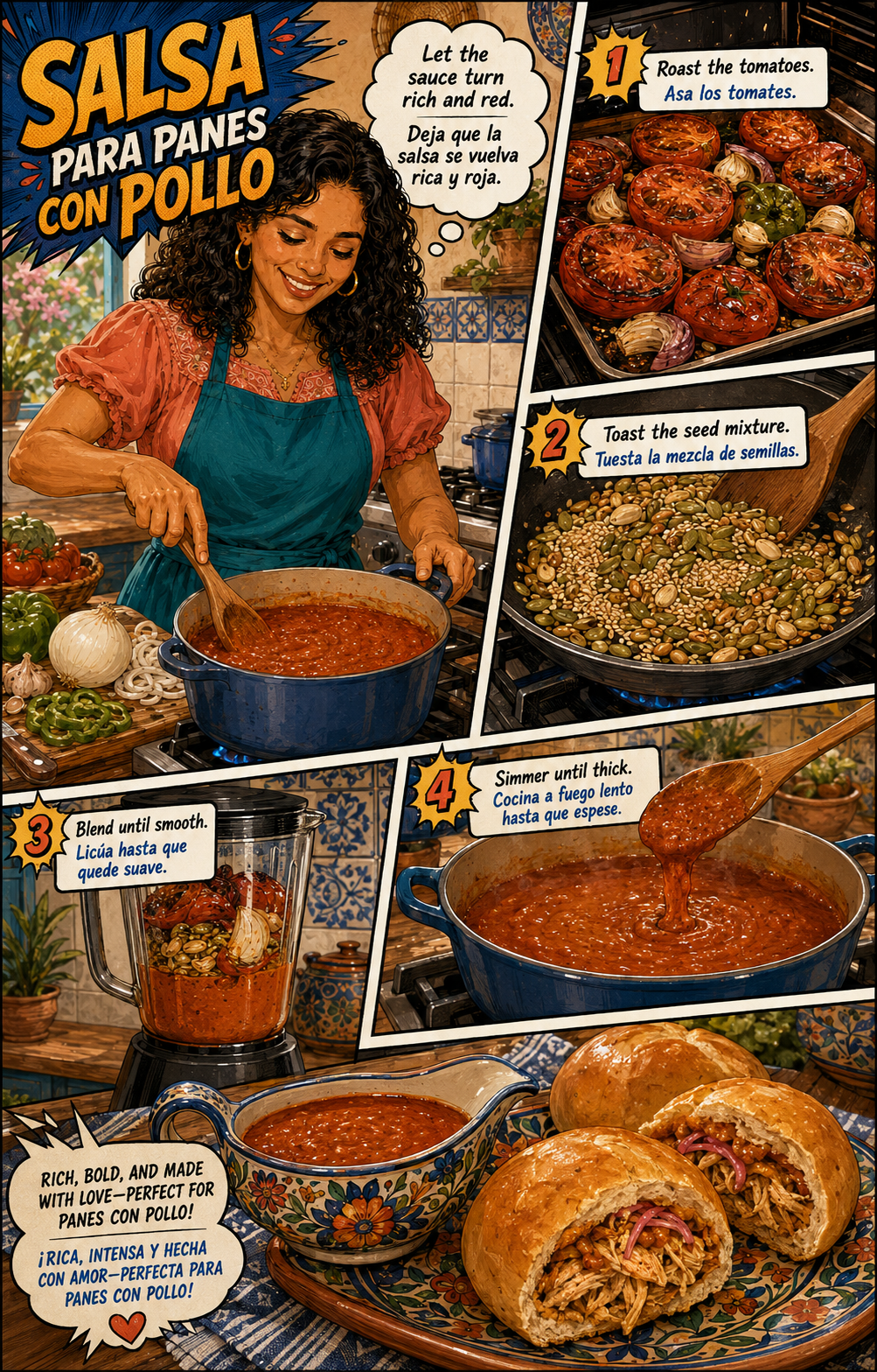 Bilingual comic page of Lucía preparing salsa para panes con pollo / Página de cómic bilingüe de Lucía preparando salsa para panes con pollo