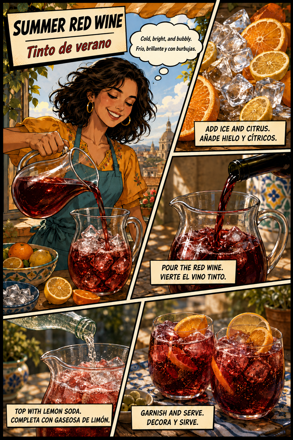 Bilingual comic of Lucía making Tinto de Verano