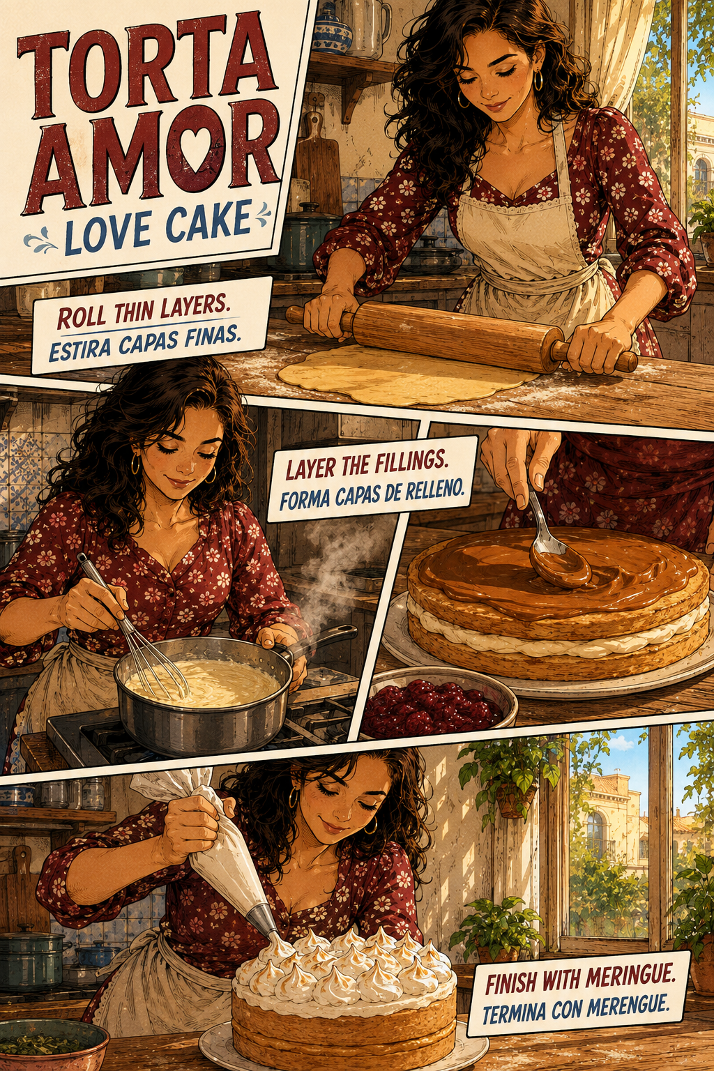 Bilingual comic of Lucía making Chilean Torta Amor