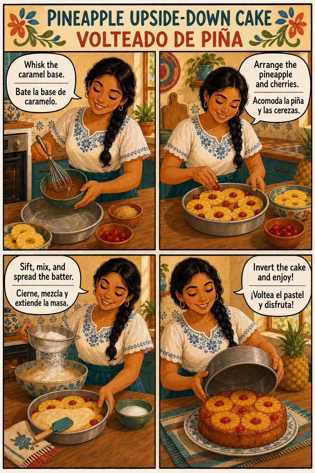 Four-panel bilingual comic of Lucía making and inverting pineapple upside-down cake / Cómic bilingüe de cuatro viñetas de Lucía preparando y volteando un pastel de piña
