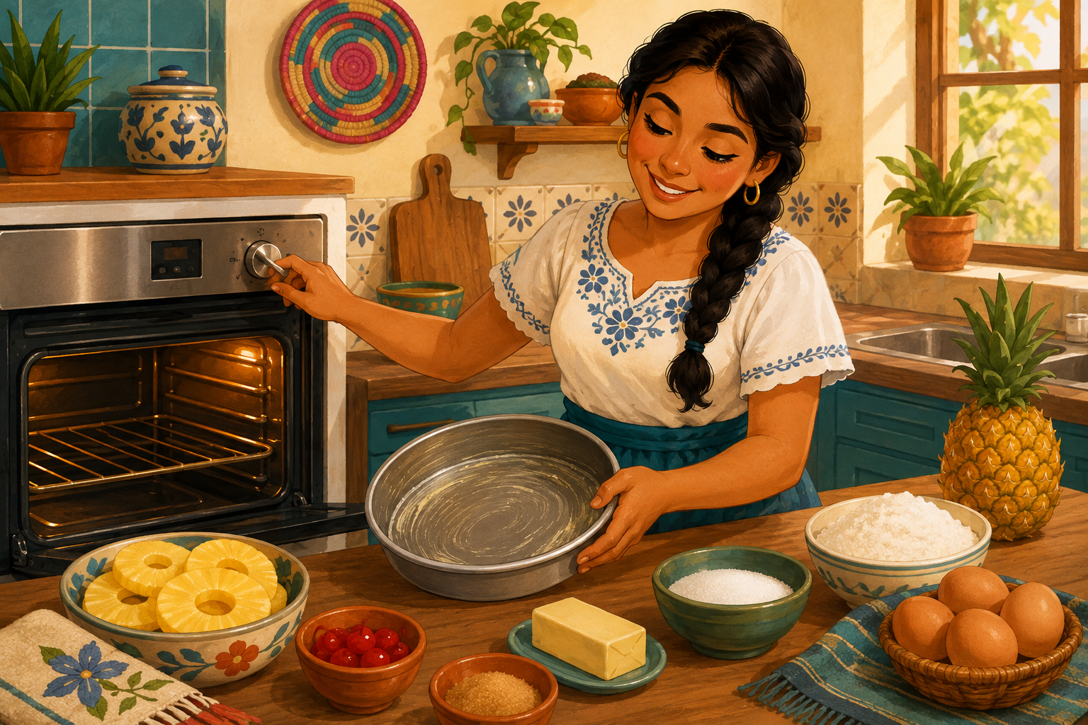 Lucía preheating the oven and greasing a cake pan