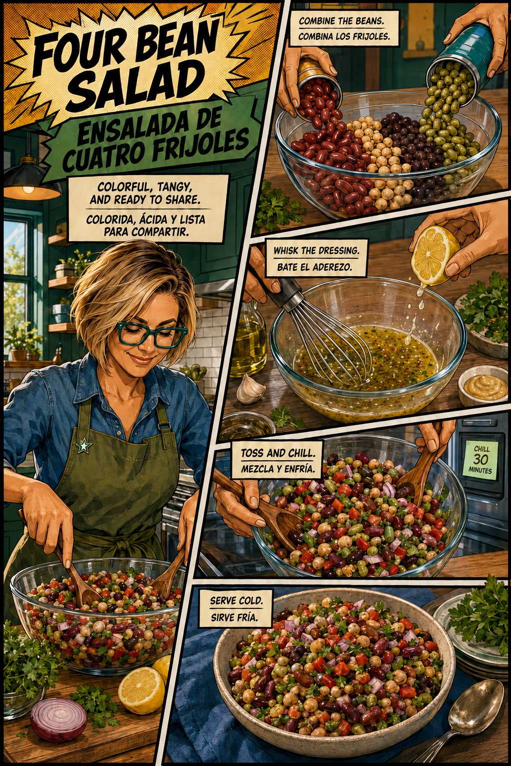 Bilingual comic of Maya making four bean salad