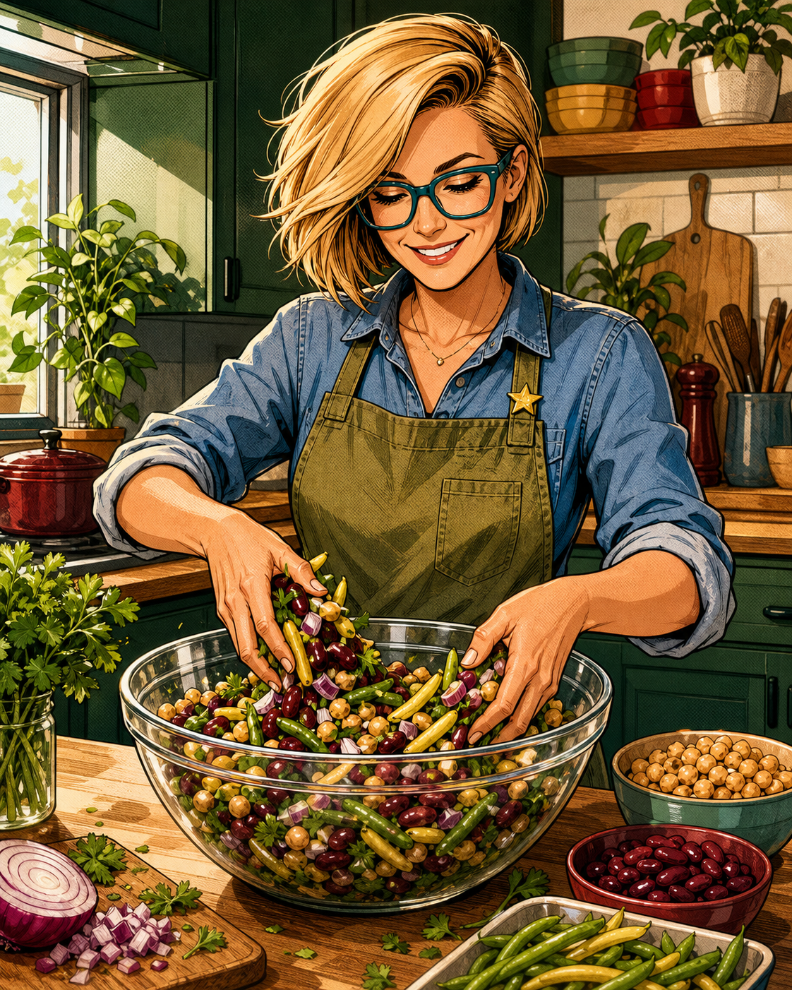 Maya making four bean salad