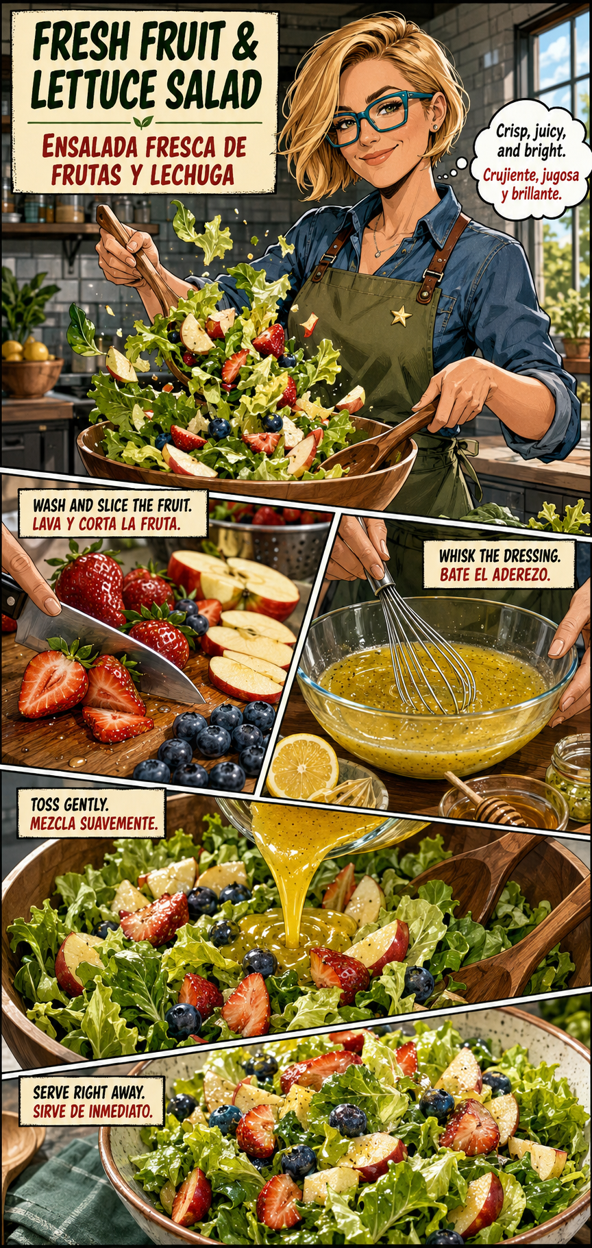Bilingual comic of Maya making fresh fruit and lettuce salad