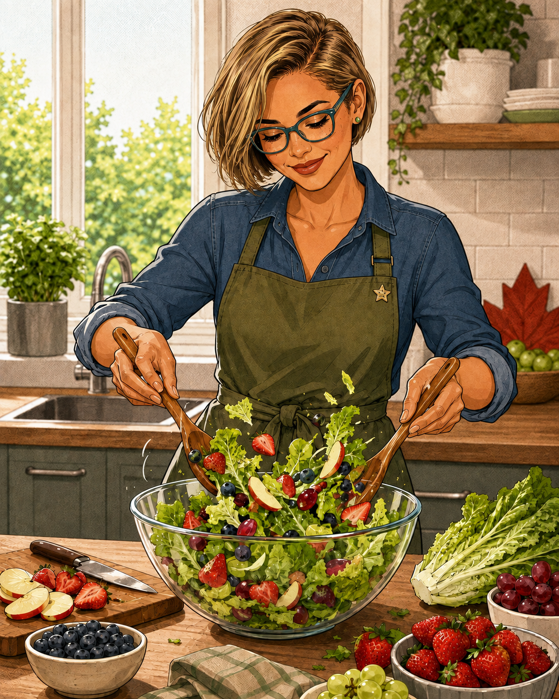 Maya preparing fresh fruit and lettuce salad