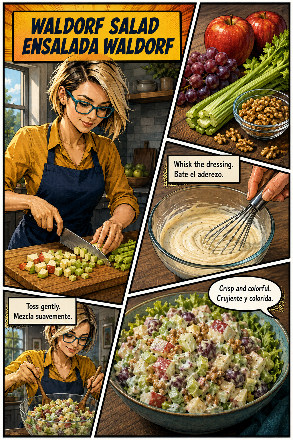 Bilingual comic of Maya making Waldorf salad